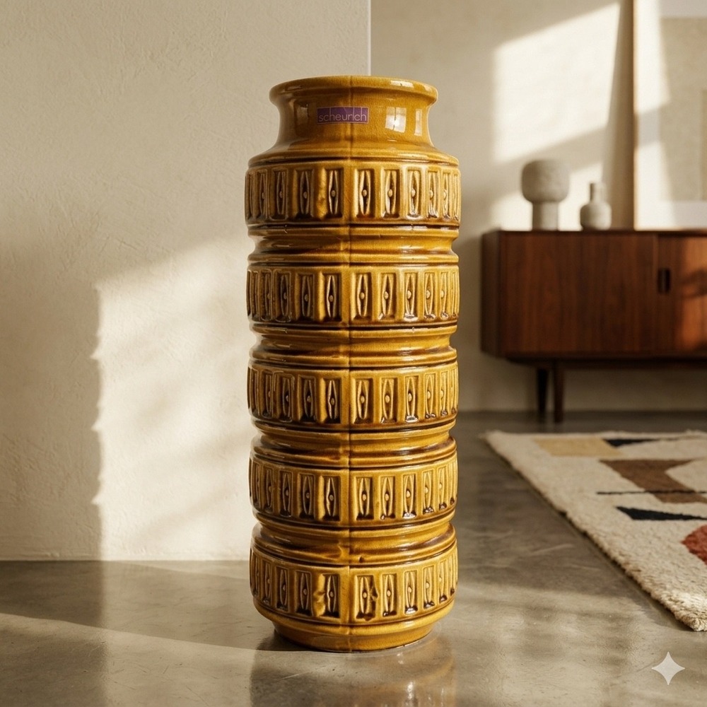Scheurich‎ West Germany Pottery WGP Mustard Gold Totem Cylinder Floor Vase 16"